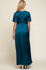 Teal Satin Wrap Maternity/Nursing Dress