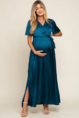 Teal Satin Wrap Maternity/Nursing Dress