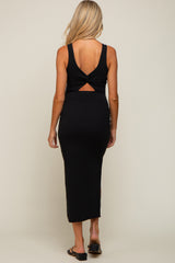 Black Ribbed Cutout Knot Back Side Slit Maternity Midi Dress