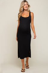 Black Ribbed Cutout Knot Back Side Slit Maternity Midi Dress