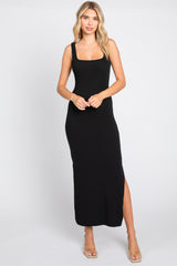 Black Ribbed Cutout Knot Back Side Slit Maternity Midi Dress