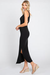 Black Ribbed Cutout Knot Back Side Slit Midi Dress