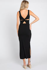 Black Ribbed Cutout Knot Back Side Slit Midi Dress