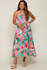 Turquoise Leaf Print Button Accent Maternity Maxi Dress