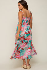 Turquoise Leaf Print Button Accent Maternity Maxi Dress