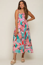 Turquoise Leaf Print Button Accent Maternity Maxi Dress