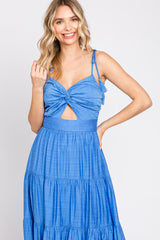 Royal Blue Front Knot Twist Cutout Tassel Tie Midi Dress