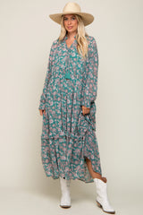 Jade Floral Chiffon Ruffle Trim Button Front Long Sleeve Midi Dress