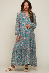 Jade Floral Chiffon Ruffle Trim Button Front Long Sleeve Maternity Midi Dress