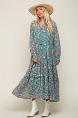 Jade Floral Chiffon Ruffle Trim Button Front Long Sleeve Maternity Midi Dress