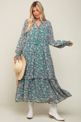 Jade Floral Chiffon Ruffle Trim Button Front Long Sleeve Midi Dress