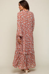 Rust Floral Chiffon Ruffle Trim Button Front Long Sleeve Maternity Midi Dress