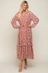 Rust Floral Chiffon Ruffle Trim Button Front Long Sleeve Midi Dress