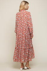 Rust Floral Chiffon Ruffle Trim Button Front Long Sleeve Midi Dress