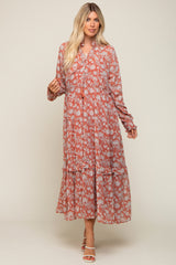 Rust Floral Chiffon Ruffle Trim Button Front Long Sleeve Midi Dress