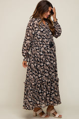 Black Floral Chiffon Ruffle Trim Button Front Long Sleeve Maternity Midi Dress