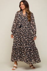 Black Floral Chiffon Ruffle Trim Button Front Long Sleeve Maternity Midi Dress