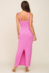 Pink Sleeveless Ribbed Maxi Dress