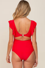 Red Cutout Flutter One Piece Maternity Swimsuit