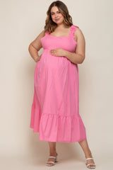 Pink Ruffle Strap Back Tie Maternity Plus Midi Dress