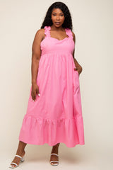 Pink Ruffle Strap Back Tie Maternity Plus Midi Dress