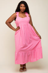 Pink Ruffle Strap Back Tie Plus Midi Dress