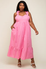 Pink Ruffle Strap Back Tie Plus Midi Dress