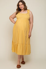 Yellow Ruffle Strap Back Tie Maternity Plus Midi Dress