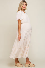 Cream Tiered Short Sleeve Maternity Midi Dress