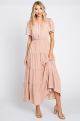 Mauve Tiered Short Sleeve Maternity Midi Dress