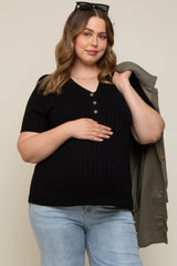 Black Ribbed Knit Button Plus Maternity Top