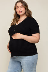 Black Ribbed Knit Button Plus Maternity Top