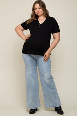 Black Ribbed Knit Button Plus Maternity Top