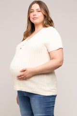 Cream Ribbed Knit Button Plus Maternity Top