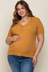 Camel Ribbed Knit Button Plus Maternity Top