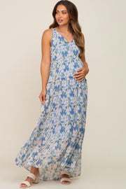 Blue Floral Chiffon Sleeveless Maternity Maxi Dress