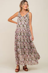 Pink Floral Chiffon Sleeveless Maternity Maxi Dress