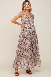 Pink Floral Chiffon Sleeveless Maternity Maxi Dress