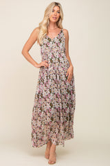 Pink Floral Chiffon Sleeveless Maternity Maxi Dress