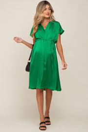 Green Satin Button Front Waist Tie Maternity Midi Dress