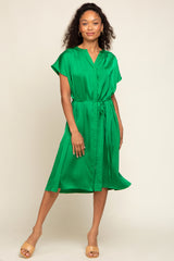 Green Satin Button Front Waist Tie Maternity Midi Dress