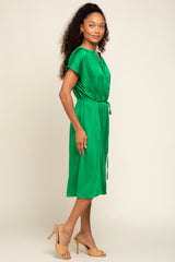 Green Satin Button Front Waist Tie Midi Dress