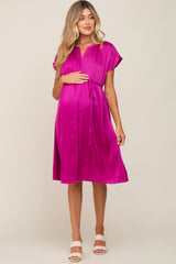 Magenta Satin Button Front Waist Tie Maternity Midi Dress