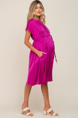 Magenta Satin Button Front Waist Tie Maternity Midi Dress