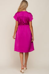 Magenta Satin Button Front Waist Tie Maternity Midi Dress