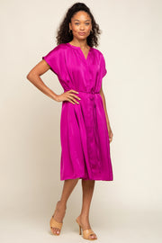 Magenta Satin Button Front Waist Tie Midi Dress