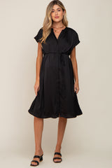 Black Satin Button Front Waist Tie Maternity Midi Dress