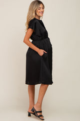 Black Satin Button Front Waist Tie Maternity Midi Dress