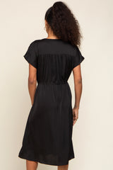 Black Satin Button Front Waist Tie Midi Dress