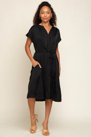 Black Satin Button Front Waist Tie Midi Dress